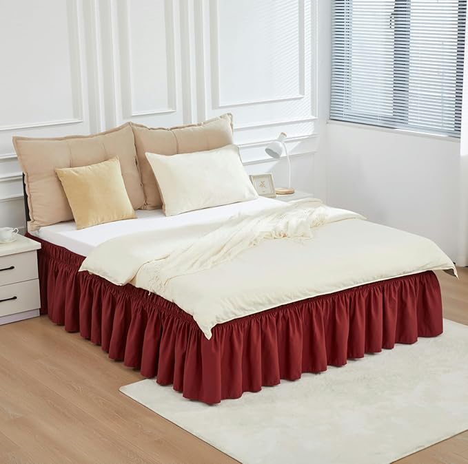 RIMELA Wine Red Bed Skirt King Size 15 Inch Drop, Elastic Bed Skirting for Bed Base and Frame, Bedding Dust Ruffle, Lightweight Wrap Around Adjustable Bedskirt, Cal King