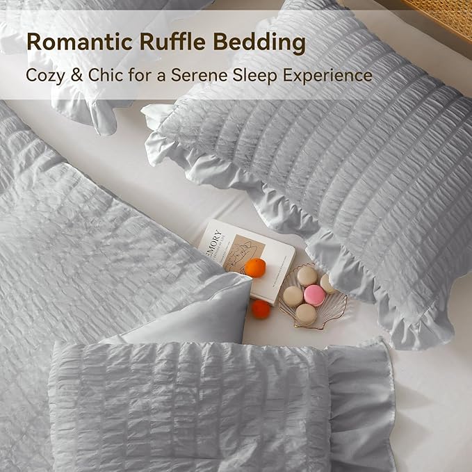 JOLLYVOGUE Light Grey Queen Comforter Set, 3 Pieces Seersucker Comforters Queen Size, Lightweight & Fluffy Bedding Sets Queen for All Season with 1 Ruffle Comforter and 2 Ruffle Pillowshams