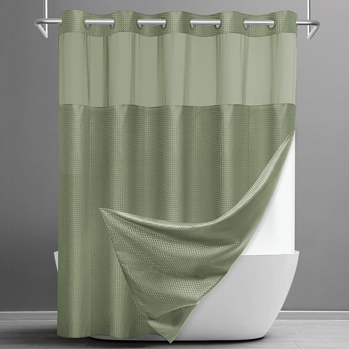 No Hook Shower Curtain with Snap in Liner Set Waffle Shower Curtain for Bathroom Hotel Style Fabric Waterproof Inner Liner，71" W x 80" H, Green