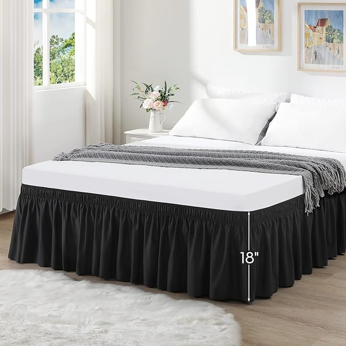 RIMELA Bed Skirt Wrap Around Elastic Dust Ruffles Solid Color Wrinkle and Fade Resistant with Adjustable Elastic Belt Easy to Install Black for Queen Size 18 Inch Drop