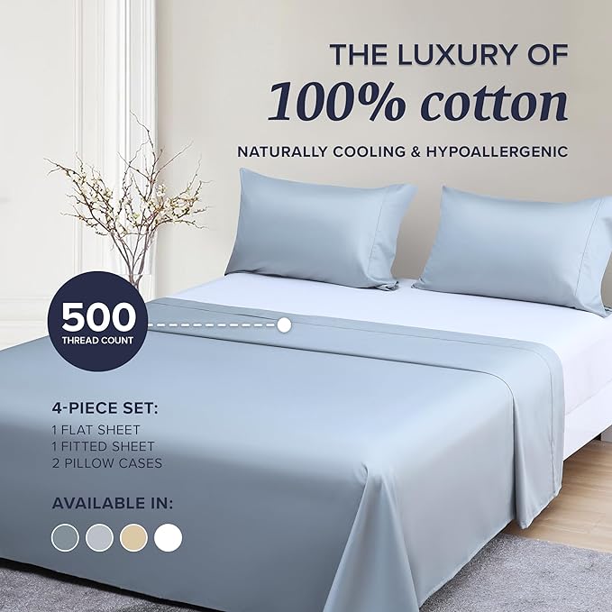 Beckham Hotel Collection Cal King Sheet Set 100% Cotton, 500TC Luxury Sateen Bedding, 16” Deep Pocket, Moisture-Wicking, 4-Piece, Gray