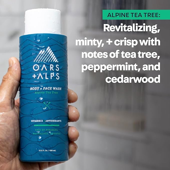 Oars + Alps Men's Moisturizing Body and Face Wash, Skin Care Infused with Vitamin E and Antioxidants, Sulfate Free, Alpine Tea Tree, 3 Pack