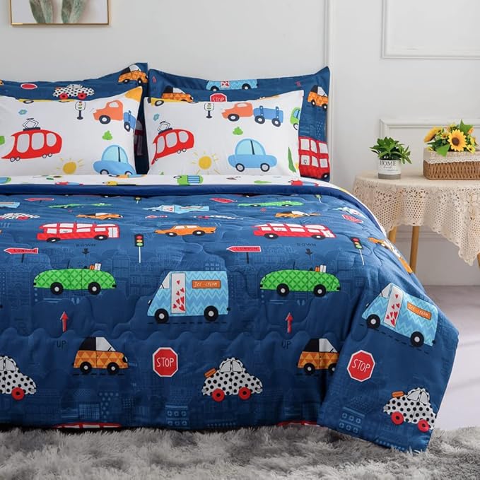 Wajade Cartoon Cars Comforter Set Bed in A Bag Twin Size Colorful Cars Bus Van Traffic Lights Bedding Set for Boys Kids (1 Comforter, 1 Flat Sheet, 1 Fitted Sheet, 2 Pillowcase and 2 Pillow Sham)