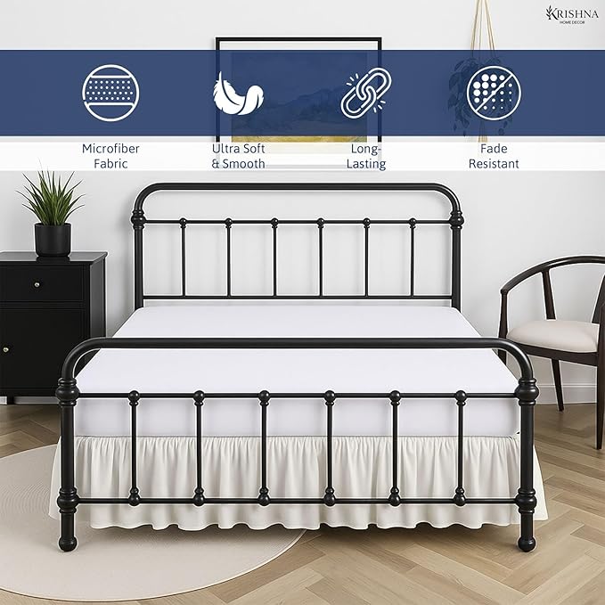 KRISHNA Ruffled Bed Skirt with Split Corners Queen, 100% Microfiber Hotel Quality, 18 Inch Drop Dust Ruffle Gathered Bedskirt with Platform, 60" x 80", Ivory