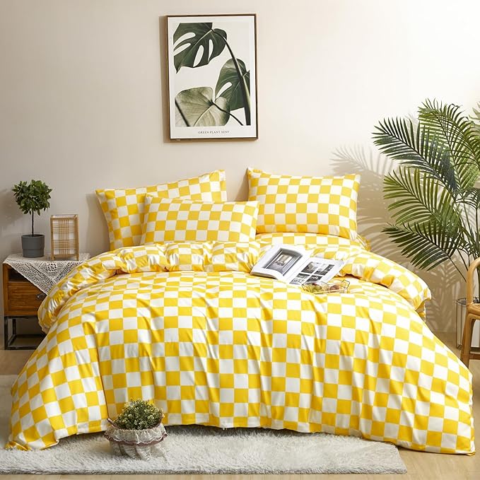 karever Yellow White Grid Comforter Set Full Yellow Plaid Bedding Set Girls Yellow and White Checkered Bed Comforter Set Breathable Blanket Set Kids Durable Bedding Comforter Set,Full(80''*90'')