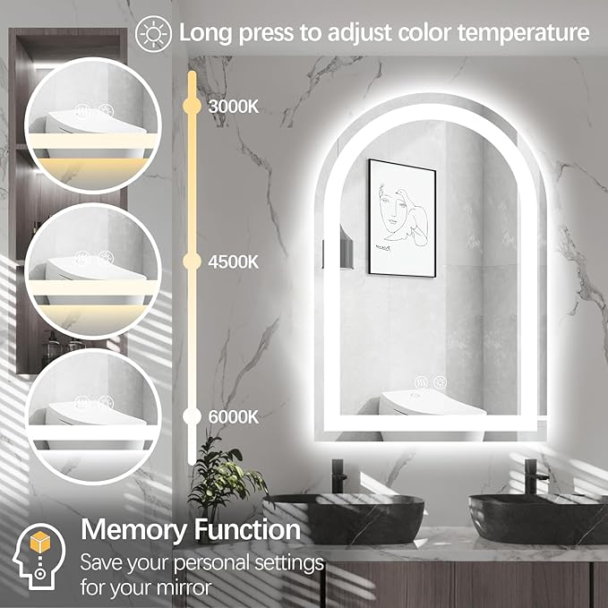 Niccy Arched LED Bathroom Mirror, 39x26 Arch Wall Mounted Frameless Bathroom Mirror for Vanity, Smart Lighted Frontlit Mirrors with Memory Function for Bathroom Bedroom Beauty Hair Salon