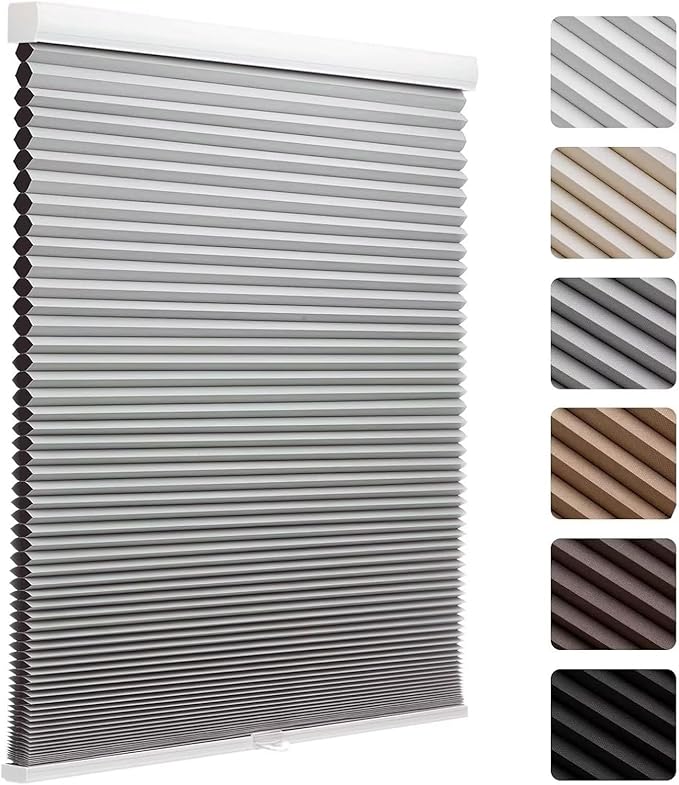 MYshade 1.5-Inch Cellular Cordless Blackout Shades,Thermal Insulating Noise Reducing Waterproof Blinds,Honeycomb Window Treatments for Indoor Light Control (Grey-39 W x 64" H)