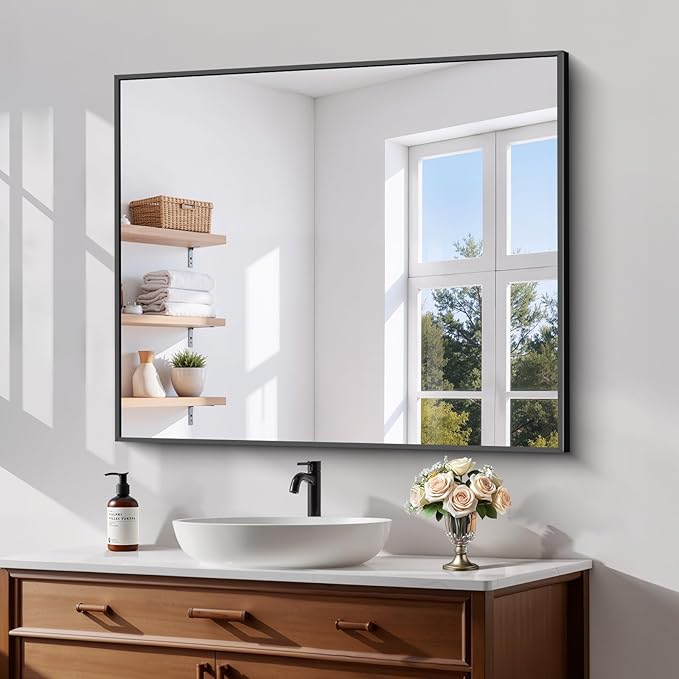 Koonmi Black Framed Bathroom Mirror - Shatterproof 30"x36" Tempered Glass, HD No Distortion, Horizontal/Vertical Mount, Modern Matte Aluminum Alloy Frame