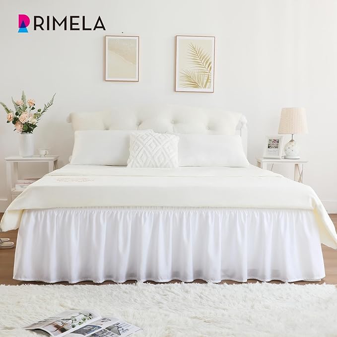 RIMELA White Bed Skirt King Size 16 Inch Drop, Elastic Bed Skirting for Bed Base and Frame, Bedding Dust Ruffle Easy to Install, Lightweight Wrap Around Adjustable Bedskirt
