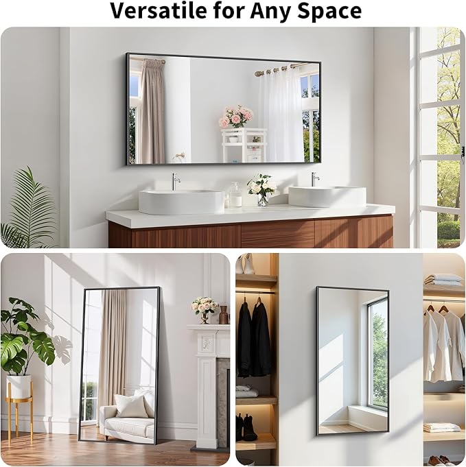 Koonmi Black Framed Bathroom Mirror - Shatterproof 24"x48" Tempered Glass, HD No Distortion, Horizontal/Vertical Mount, Modern Matte Aluminum Alloy Frame