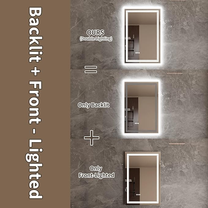 Bathroom Mirror with Lights 24"X36" with Front Light and Backlit, Tempered Glass, Wall Mount Horizontal/Vertical, Stepless Dimmable, 3 Colors, Anti Fog, Bathroom Memory LED Mirror
