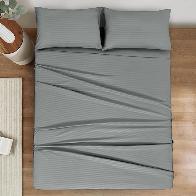 Mejoroom Striped Grey-01 1800 Thread Count Queen Sheet Set - Hypoallergenic, Deep Pocket, Breathable, Wrinkle & Stain Resistant - 4 Piece