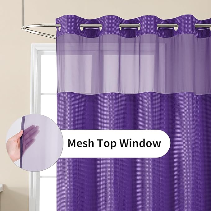 Colorful Star No Hook Shower Curtain with Snap in Fabric Liner, Waffle Weave Heavy Duty Thick Shower Curtains with Mesh Top Window, Hotel Style Waterproof Bathroom Curtain Set, 72 x 75 Inch, Purple