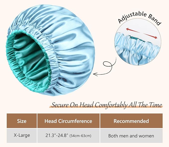 mikimini Satin Bonnet for Sleeping,Pack of 2,Green+Light Blue,Silk Bonnet for Women Long Curly Hair,Reversible Double-Layer Sleeping Hair Bonnet Extra Large Stretchy Sleep Hair Caps
