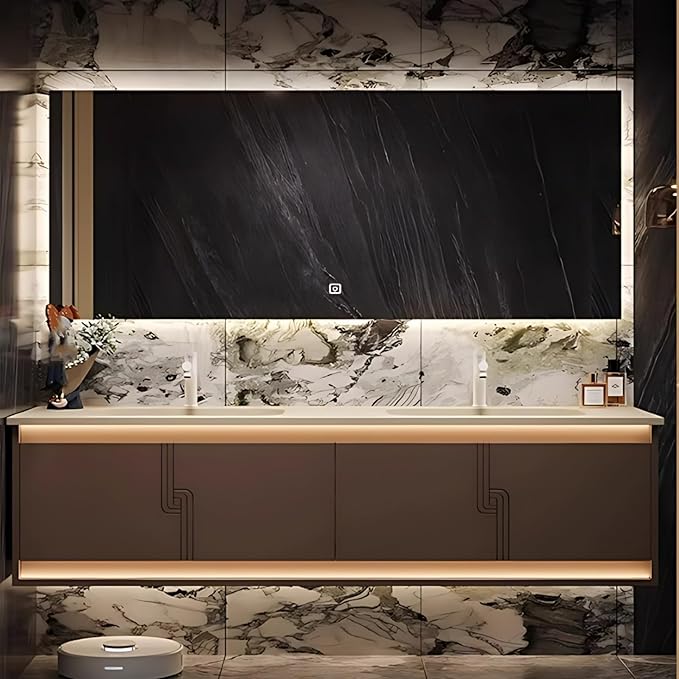 66IN Bathroom Vanity Set with Sink, Smart Defogging Vanity Mirror with 2 Light Strips | with Motion Sensing Light Strips, Bathroom Double Vanities with Sink Includes 2 Drawers (Mirror)