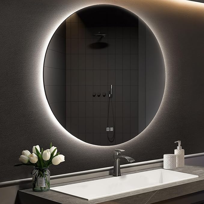 APRILSOUL 24 Inch Round LED Backlit Bathroom Mirror, Vanity Mirror with Anti-Fog, Touch Button, 3 Colors and Dimmable Light