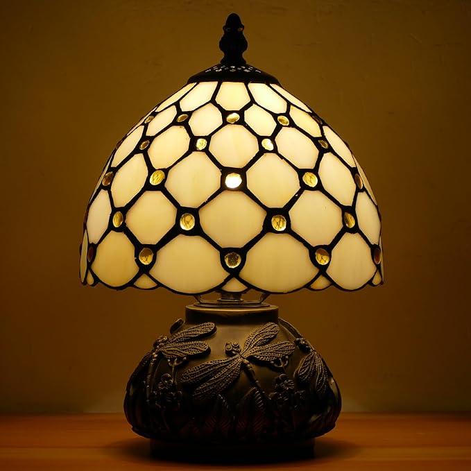 Small Tiffany Lamp Mini Stained Glass Table Lamp Cream Amber Pearl Style Mushroom Memory Sympathy Lamp 8X11 Inch