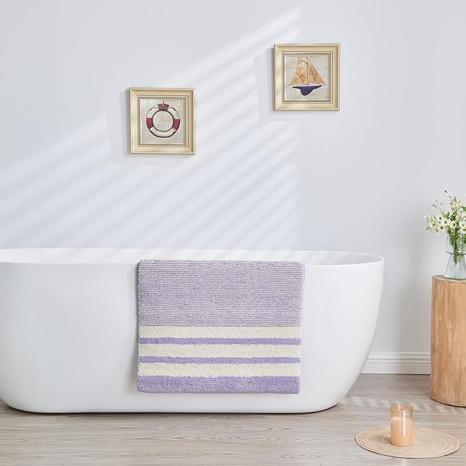 CozeCube Bath mats for Bathroom Non Slip, Fluffy Absorbent Microfiber Bath mat Washable, Aesthetic Bathroom Rugs, Small Purple Striped Bath mat, Lavender, 24" x 16"