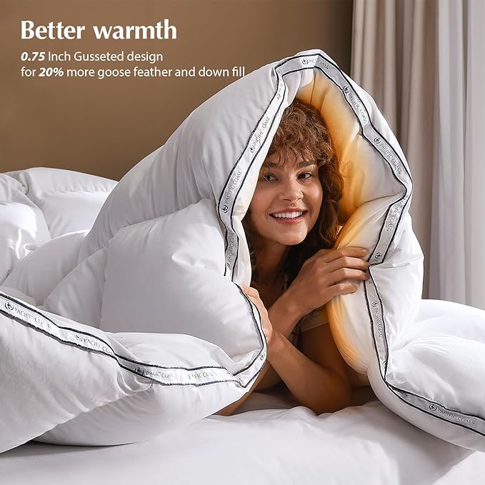 Pacific Coast Goose Feather Down Fiber Comforters King Size, Heavyweight Thickened Winter Duvet Insert, Ultra-Soft, Fluffy, Breathable, Hotel Luxury Bedding Comforters, 8 Tabs, 106"x90"