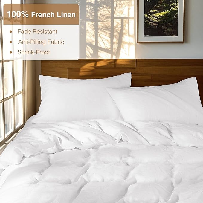 SONORO KATE 100% French Linen Duvet Cover, Soft Breathable for Hot Sleepers, Moisture Wicking & Durable Cover Set - Zipper Closure & 4 Corner Ties Duvet Covers 3 Piece (White,Cal King)