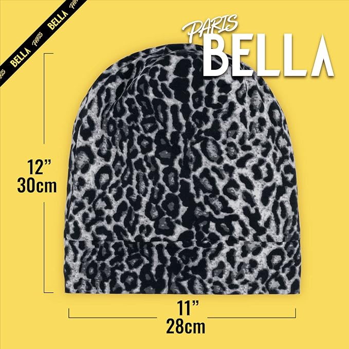 Satin Lined Sleep Cap Bonnet for Curly Hair and Braids, Stay On All Night Hair Wrap with Adjustable Strap for Women and Men, Grey and Black Leopard, Pack of 2