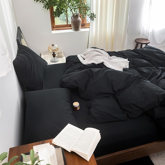 FOSSA Duvet Cover Set 100% Washed Cotton Linen Feel Super Soft Breathable Cozy 3 Pieces Bedding Sets Solid Black Super Queen