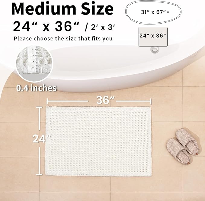 White Bathroom Rugs, Waffle Bath Mat Non Slip Washable, Super Absorbent & Quick Dry, Boho Bath Mat Farmhouse Bathroom Decor, 24'' x 36'', White