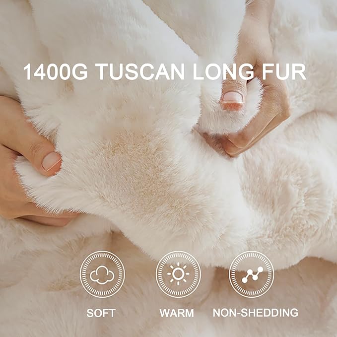 Faux Rabbit Fur Throw Blanket, Luxury Soft Warm Bubble Blanket for Bed, Couch, Sofa, Beige, 50" X 60"