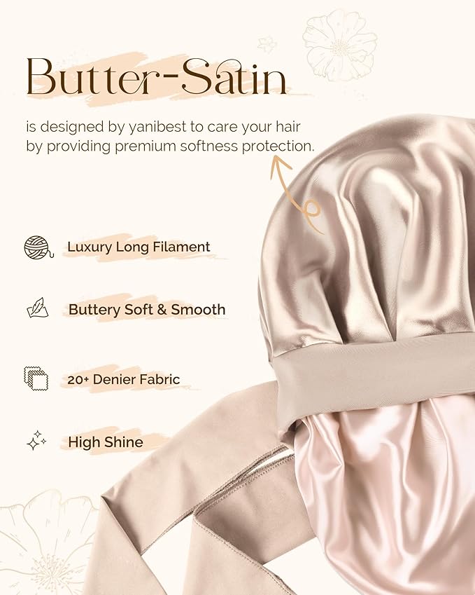 YANIBEST Silk Hair Bonnet for Sleeping, Double Layer Hair Bonnet with Elastic Tie Band for Curly Natural Hair Reduce frizz