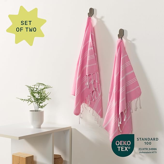 WETCAT Turkish Hand Towels with Hanging Loop, Set of 2 (20" x 30") 100% Turkish Cotton, Pre-Washed, Quick Drying, for Kitchen or Bathroom - Light Pink