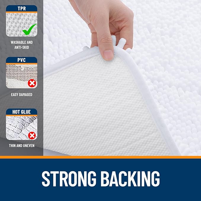OLANLY Bathroom Rugs 47x20, Extra Soft Absorbent Chenille Bath Rugs, Rubber Backing Quick Dry, Machine Washable Bath Mats for Bathroom Floor, Tub and Shower, Home Decor Accessories, White