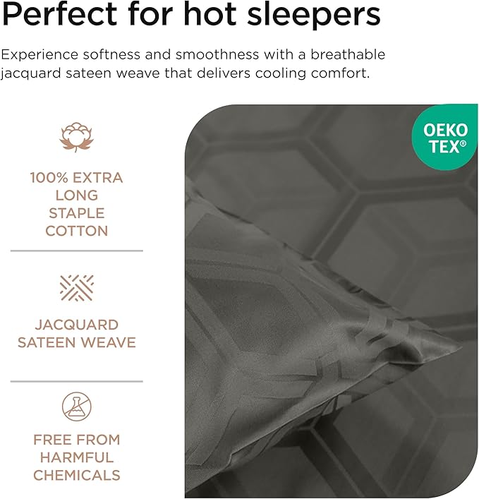 Threadmill 100% Cotton Sheets for Queen Size Bed - 600 Thread Count Queen Bed Sheets Set with 16” Deep Pocket - Jacquard Sateen Weave 4-Piece Bedding Set with Cooling Effect, Dark Grey