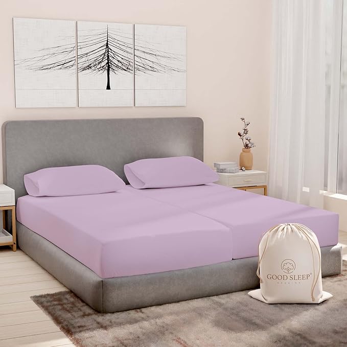 Split King Sheets Sets for Adjustable Bed Cotton, Luxury Sheets, Egyptian Cotton Sheets, 5 Piece 100% Cotton Split King Sheet Set, Sateen Sheetts, 2 Fitted - 16" Deep Pocket, Lavender