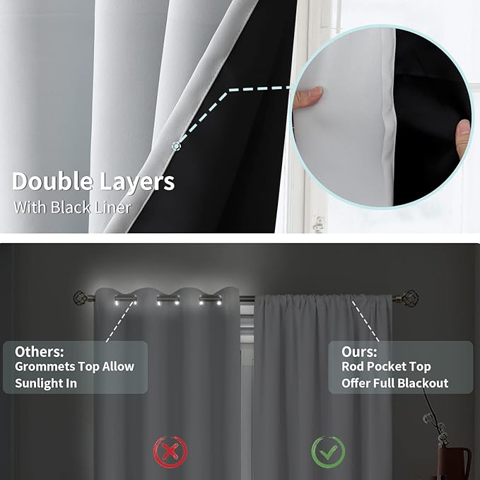 BGment Greyish White Thermal Insulated Blackout Curtains for Bedroom, 100% Black Out Curtains Noise Reduce Light Blocking Winter Curtains, Each Panel 52 x 63 Inch