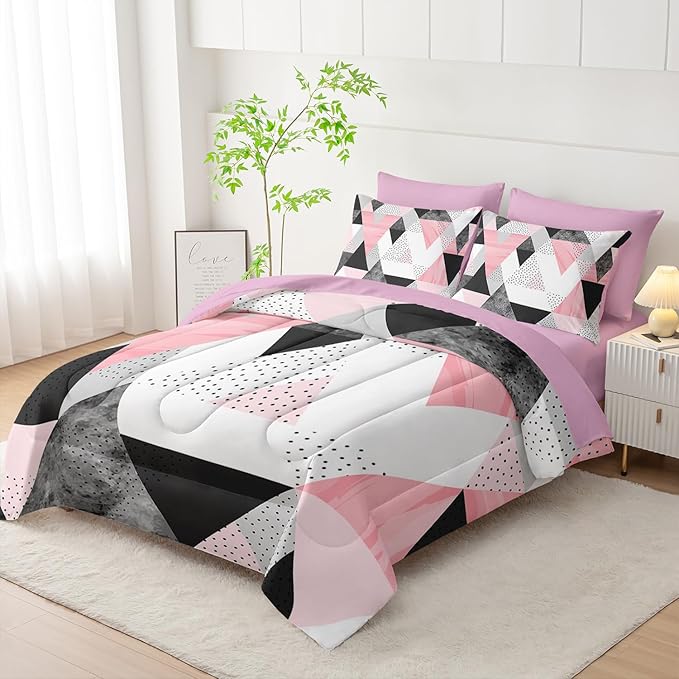 Queen Size Comforter Set - 7 Piece Pink & Gray Triangle Geometric Bedding, Ultra Soft Microfiber, Modern Aesthetic, All Season