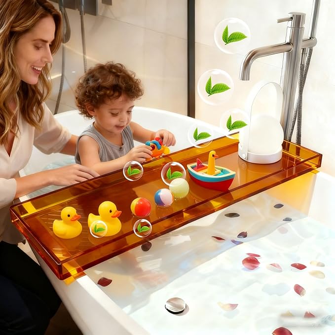 Bathtub Tray Table, Clear Acrylic, Anti-Slip Bath Caddy, (Amber, L32.3″ x W7.87″ x H1.18″)