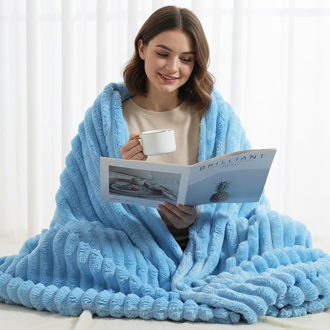decorUhome Christmas Soft Fleece Blue Blanket King Size for Bed, Cozy Fluffy Plush Flannel Large Striped Throws for Couch Sofa, Lightweight Decorative Fuzzy Blanket for Woman, 108x90 Inches