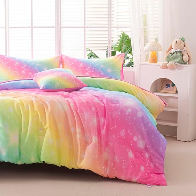 6Pcs Twin Size Comforter Set for Girls Kids, Gradient Rainbow Glitter Girls Bedding Set with Sheets, Soft & Breathable Kids Bed for Gift Bedroom Decor