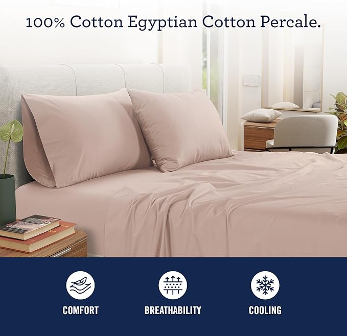 IZOD 100% Egyptian Cotton Sheets Set Twin Size, Cotton Percale Crisp Sheet Set 3Pc, Lightweight & Deep Pocket fits Upto 17", Long-Staple Soft Combed, Hotel Style Luxury Bedding Sheet - Blush Rose