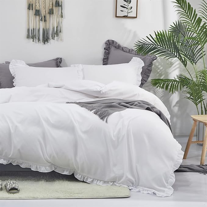 Cottonight White Comforter Set Full Ruffles White Bedding Set Farmhouser Boho Blanket Quilt Plain Vintage Friange Soft Breathable Comforter Set
