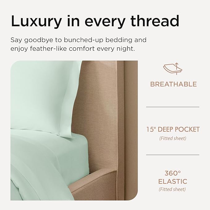 Threadmill Sheets for Twin Mattress | 600 Thread Count Twin Bed Sheets Set with 15” Deep Pocket | Sateen Weave 3-Piece Bedding Set with Cooling Effect | Seaglass