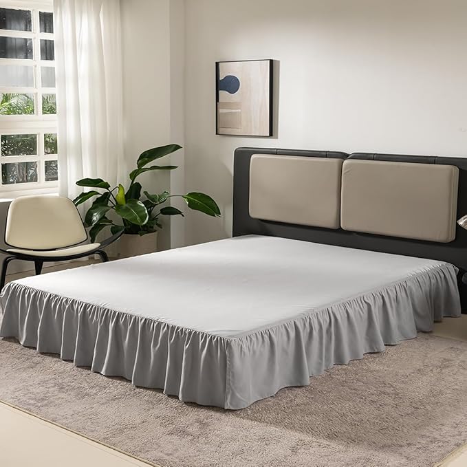 Grey Bed Skirt King Size Ruffled Bed Skirt with Split Corners, 16 Inch Drop Dust Ruffle Bed Skirts with Platform, Grey