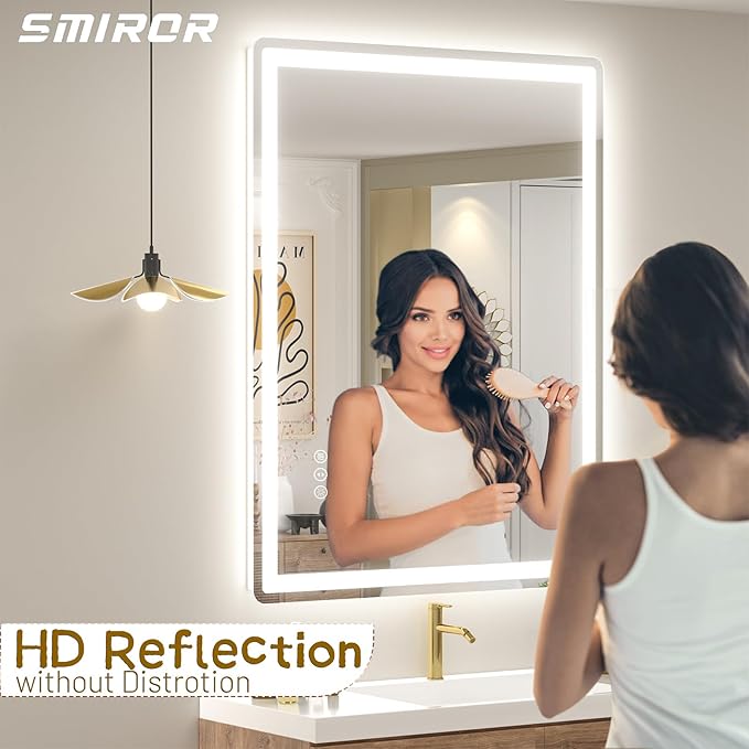 SMIROR LED Bathroom Mirror with Lights 48"x 36", Rounded Rectangle Lighted Vanity Mirror for Wall, Front Lit and Backlit, 3 Colors, Dimmable, Anti-Fog, Tempered Glass (Horizontally/Vertically)