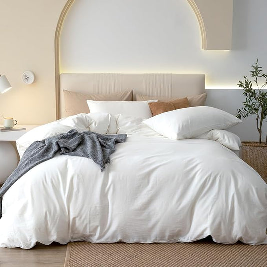 JIYUAN 100% Washed Cotton Duvet Cover Set 3 PCS Super King Plus, 1 Duvet Cover 120x120 Inches(Comforter Not Included) and 2 Pillowcases,Linen Feel Bedding Set Comfy and Breathable,Bright White