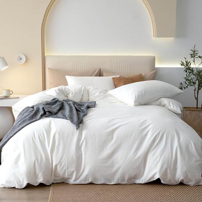 JIYUAN 100% Washed Cotton Duvet Cover Set 2 Pieces Twin, 1 Duvet Cover 68x90 Inches(Comforter Not Included) and 2 Pillowcases,Linen Feel Bedding Set Comfy and Breathable,Bright White