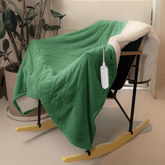 HOMLYNS LuxeHeat Heated Blanket Throw, Soft Flannel Sherpa, Electric Blanket 5 Heat Settings, Fast Heating, Heating Throw Blanket 3 Hours Timer Auto Shut Off, Machine Washable, 50×60 Inches, Green