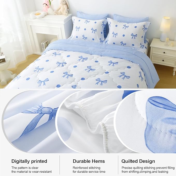 Wajade 7 Piece Blue Bow Comforter Set for Girls Kids Full Size Bedding Set with Sheet and 2 Pillowcases 2 Pillow Shams Cute Girls Bed in a Bag as Birthday Choice