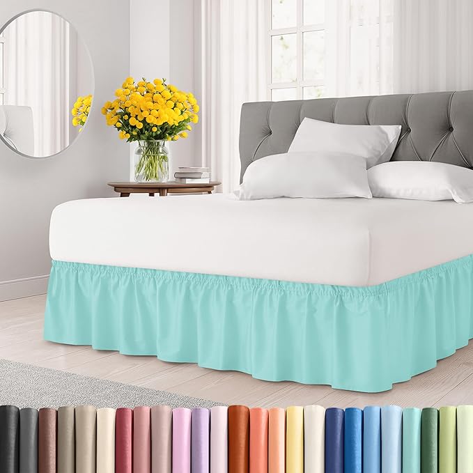 Wrap Around Dust Ruffle Bed Skirt - Spa Blue - Twin/Twin XL Size Beds with 24 Inch Drop - Easy Fit Elastic Strap - Adjustable Pleated Bedskirt w/Brushed Fabric Wrinkle Free - Women, Men, Kids & Teens
