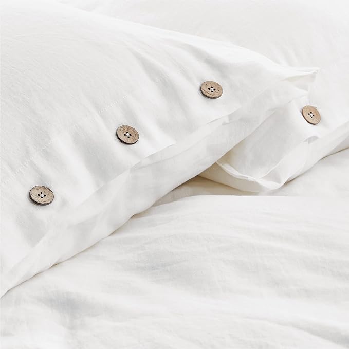 Bedsure Linen Duvet Cover Queen Size - Linen Cotton Blend Bedding Set, Soft & Cozy, 3 Pieces, 1 Duvet Cover 90x90 Inches and 2 Pillowcases, White Color Cooling Bedding, Comforter Sold Separately