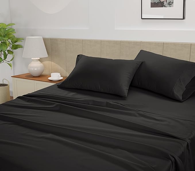 LANE LINEN King Size Bed Sheets – 450 Thread Count Long-Staple 100% Cotton, Naturally Cooling Sheets King Size, Value for Money Bedding, Low Pill, Machine Washable, 15" Deep Pocket Fitted – Black